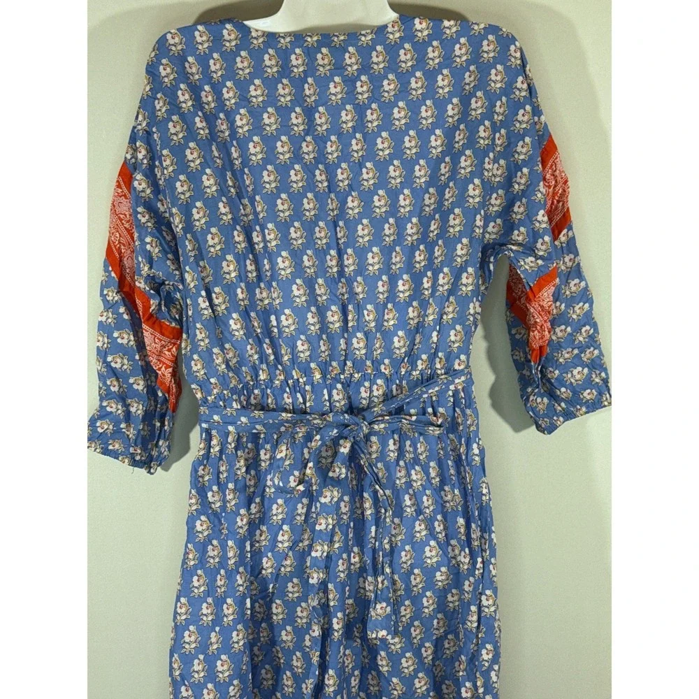 J. Crew Beachwear Blue Red Floral Block‎ Print Midi Dress Tie Waist Women's XS
